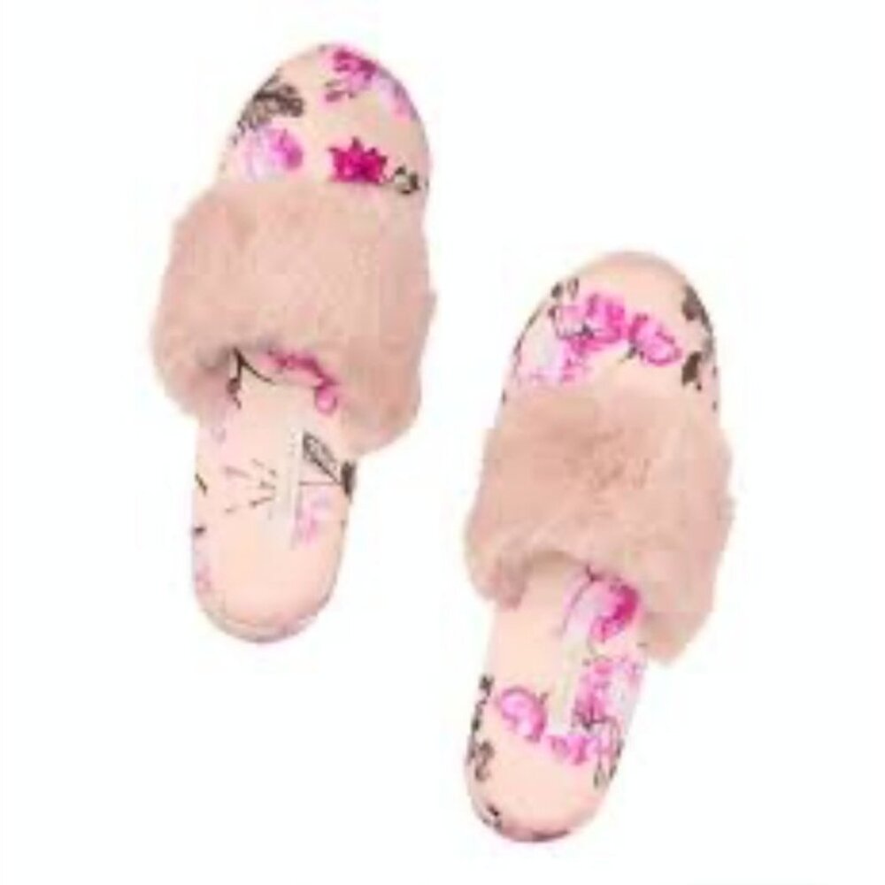 Victorias Secret Floral Pink Faux Fur Slippers Womens